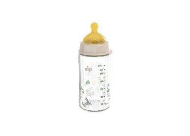 nip® Cherry Green laia kaelaga klaasist lutipudel, koolikutevastane ja keskmise vooluga (vanusele 0+) toon Beige 240ml