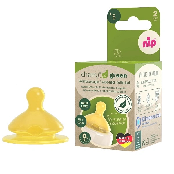 nip® Cherry Green laia kaelaga lutipudeli latekslutt S (0+ elukuud), 2tk