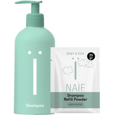 NAÏF beebide ja laste veevaba šampooni komplekt (pumbaga pudel 275ml + šampooni täitepulber 25gr)
