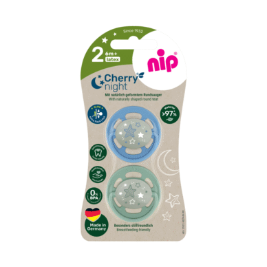 nip® helendav öölutt lateks Cherry Night suurus 2 (alates 6+ elukuud), roheline/sinine 2tk