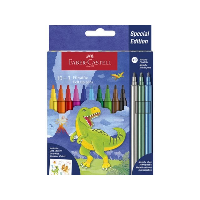 Faber-Castell Dino viltpliiatsid 13 tk (10 + 3 metallik + dinosauruste kleepsud)