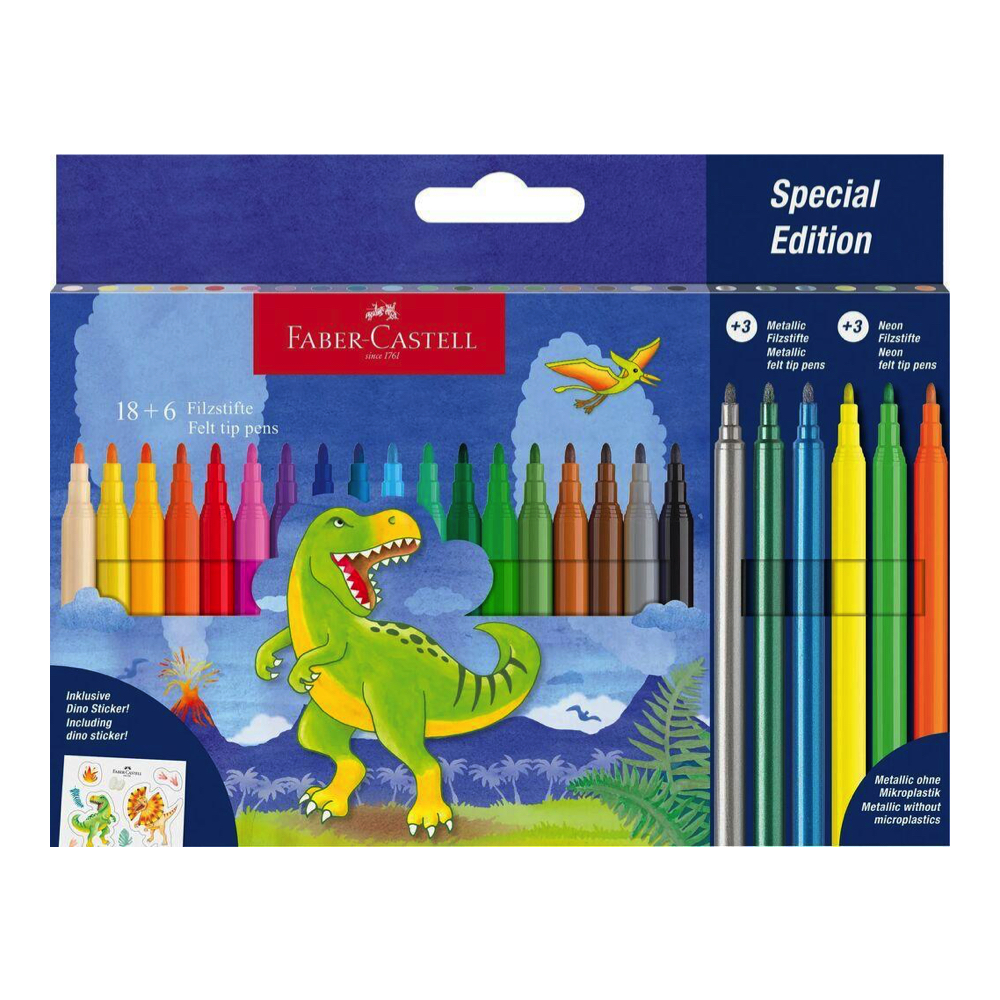 Faber-Castell Dino viltpliiatsid 24 tk (18 + 3 metallik + 3 neoon + kleepsud)